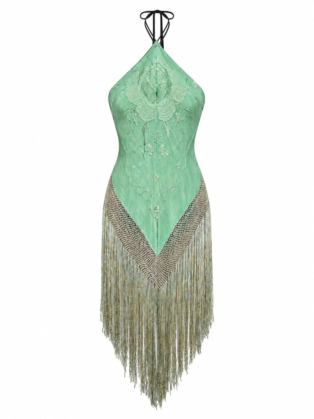 Conner Ives AW22 Hudson River School Demi Couture Fringe Halter Dress L